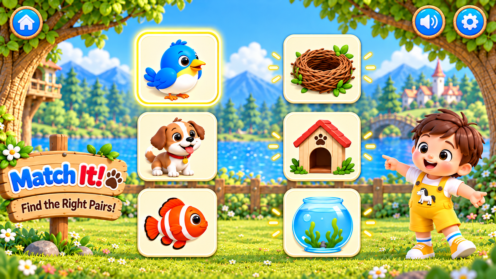 Match It gameplay with a bird, dog and fish waiting to be matched